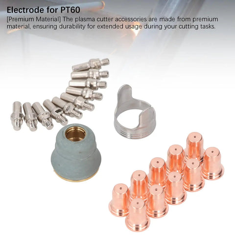Get Ready For Heavy Duty Cuts With This 22PC Plasma Cutting Consumables Kit, featuring brass electrodes, nozzles, and caps for PT 60 torch.