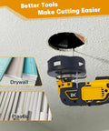 Heavy Duty Multi Tool Hole Saw Blade Kit With Fast Swap Mount cutting through drywall and plastic with precision.