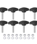 Rock Solid 8 Pack M6 Metric Tee Wing Thumb Screws With Black Plastic Handles Matching Nuts And Washers arranged on a white background.
