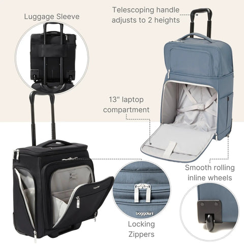 Expandable Underseat Carry On Luggage With Wheels Lightweight Weekender Travel Buddy with smooth wheels and laptop compartment.