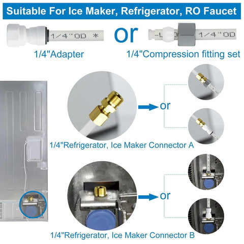 Refrigerator water line kit with 25ft 1/4" OD tubing and brass quick-connect adapters for ice maker and RO systems