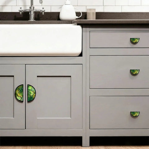 Super Cool 2 Pack Green Gold Fluid Art Cabinet Handles on gray kitchen cabinets with zinc alloy pulls.