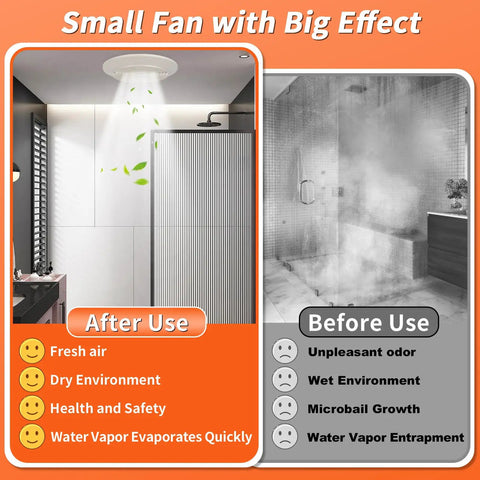 Comparison of bathroom before and after using Mobile Home No Fuss Bathroom Exhaust Fan Replacement Kit With Motor And Blade.