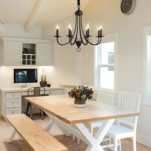 8-Light Black Chandeliers For Dining Room And Kitchen, Vintage Farmhouse Candle Chandelier hanging above wooden dining table.