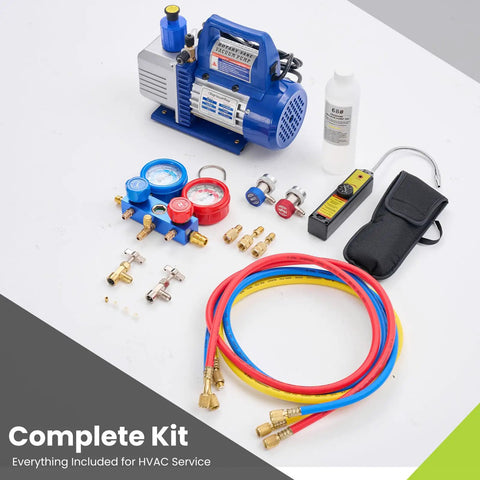 4 CFM Single Stage Vacuum Pump 110V With R134a AC Manifold Gauge Set And Leak Detector Complete HVAC Service Kit Blue