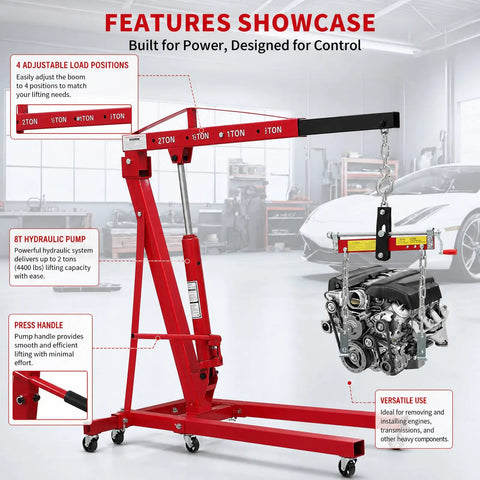 Bad Boy 2 Ton Hydraulic Engine Hoist And Cherry Picker 4400 Lbs Heavy Duty Steel Lift Crane with adjustable load positions.