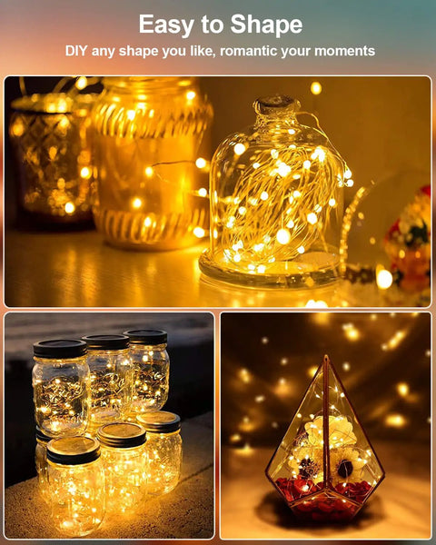 Battery Operated Fairy Lights 20 LED On A 3.3ft Copper Wire Twinkle String For Mason Jars Wedding Party Christmas Centerpiece Warm White Ambience Decor displayed in jars