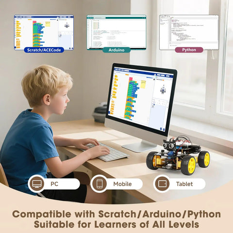 ESP32 Powered Smart Robot Car Kit For Kids And Teens Ages 8 To 16 Arduino And Scratch Compatible App Controlled STEM Coding Toy Hands On Robotics Learning With 16 Story Tutorials A Totally Cool STEM Gift, child using desktop