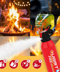 Small Portable Water Based Fire Extinguisher Bundle 21oz Each 6 Pack For Home Kitchen Car And Camping Safety Quick Emergency Response And Reignition Prevention shown extinguishing a fire from close range.