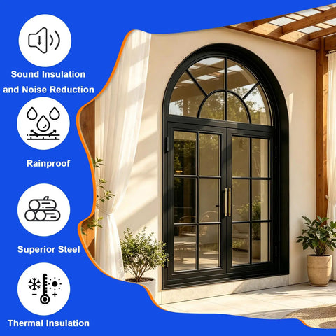 Sleek Double Arch Egress Window Offering Bulletproof Aluminum Construction For Garden Sheds Delivering Loads Of Natural Daylight Through Thermally Rated Insulated Glass Panels No Fuss Mounting Process with sound insulation features.