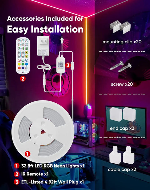 Accessories for RGB 12V Smart Neon LED Strip Lights With Music Sync, remote control, power adapter, and mounting clips.