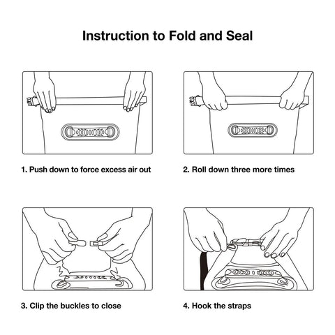Instructions to fold and seal Green Waterproof Backpack 10L 20L 30L 40L with IPX8 Phone Case for water sports use.