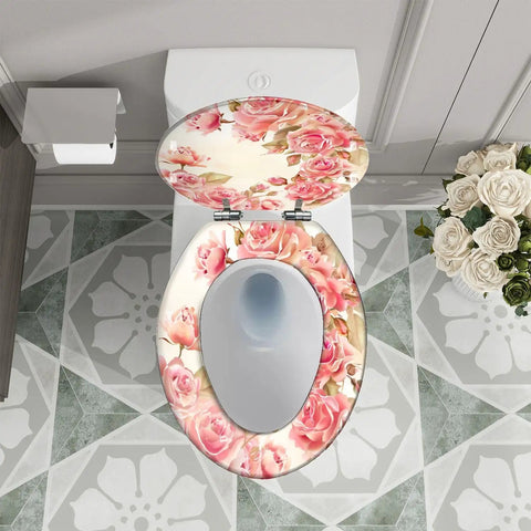 Elongated Resin Toilet Seat for Bathroom Decor with pink rose design, fitting standard toilets, view from above.