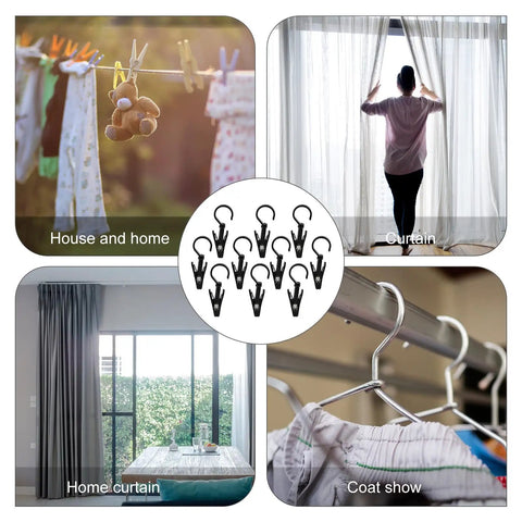 Rotatable Plastic Curtain Clips With Swivel Hooks, 10 Pack For Drapery, Shower Curtains And Track Rings in various uses.