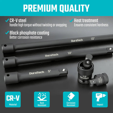 Heavy Duty One Half Inch Impact Socket Extension Set Five Piece Kit With Five Inch Ten Inch And Fifteen Inch Extensions Swivel Universal Joints And One Half To Three Eighth Inch Drive Adapter In CR V Steel For Auto And Garage Grinders, showcasing DuraTech branding and CR-V material features.