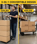 3-in-1 Aluminum Hand Truck Dolly with 600 lb capacity used as upright trolley and platform cart with boxes in warehouse