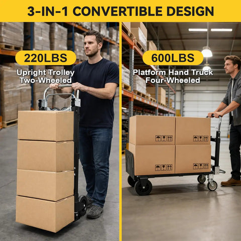3-in-1 Aluminum Hand Truck Dolly with 600 lb capacity used as upright trolley and platform cart with boxes in warehouse