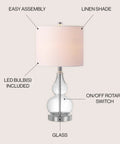 Clear Glass Table Lamp 20.5 Inches with white linen shade and chrome base, featuring LED bulb and on/off rotary switch