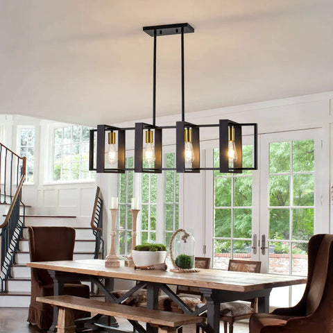 Farmhouse Kitchen Island Lighting Black Chandelier Set With Wooden Rectangular Frame Ideal For Dining Room Ceiling Hanging