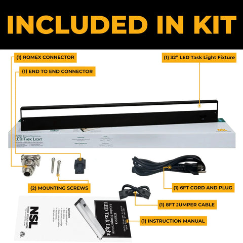 Under Cabinet Lighting Kit With 3 CCT Options, 32 Inch Black Finish, includes connectors, screws, cords, and manual.