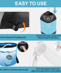 Diagram showing Portable Camping Shower Pump With 7800mAh Battery setup and use, featuring charging port, hose, and shower head.