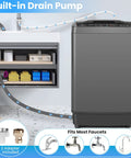 Smooth Operation Compact Portable Washer With Fast Drain Pump And Twenty Pound Laundry Capacity In Classic Gray showing built-in drain pump and adapters.