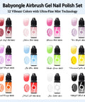 Airbrush Gel Polish Kit With 12 Colors, HEMA Free For Ombre Nails, showcasing vibrant gel nail polish bottles and swatches.