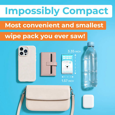 Ultra Compact Travel Flushable Wipes With 99.5 Percent Water And Aloe next to phone, wallet, bottle, and purse.