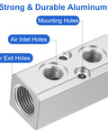 Rugged Aluminum Air Manifold 2 Way 4 Port Inline Block For Pneumatic Systems 1/4-Inch Output Port 1/2-Inch Supply Port Silver