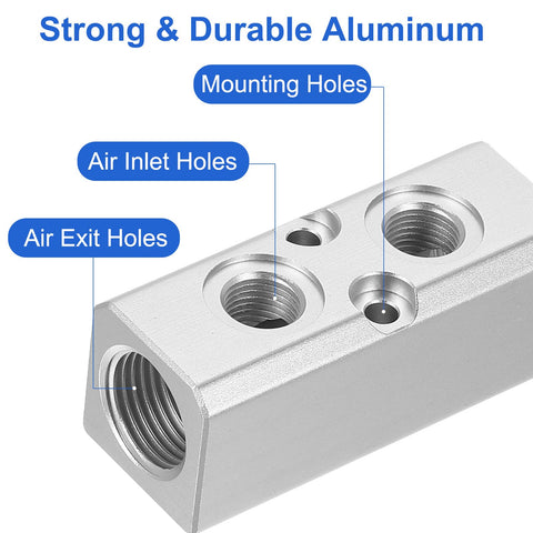 Rugged Aluminum Air Manifold 2 Way 4 Port Inline Block For Pneumatic Systems 1/4-Inch Output Port 1/2-Inch Supply Port Silver