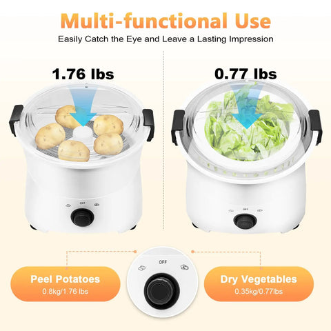 Professional Electric Potato Peeler And Auto Vegetable Spinner, One Button Corded Motor Driven Kitchen Tool, Heavy Duty Abs Frame, Real Flex Gadget For Hassle Free Meal Prep And Nailed It Chopping Routines Around The House showing potatoes and vegetables in use.