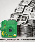 Kids Camera With Instant Print For Fun Snaps, Epic Birthday Gift For Ages 4 To 10, For Girls And Boys, Safe Durable Toy With Easy Paper Prints And Kid Friendly Design. Green kids instant print camera with dinosaur case beside printed photos.