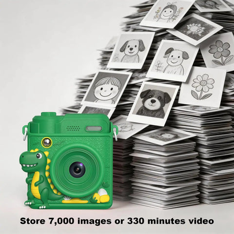 Kids Camera With Instant Print For Fun Snaps, Epic Birthday Gift For Ages 4 To 10, For Girls And Boys, Safe Durable Toy With Easy Paper Prints And Kid Friendly Design. Green kids instant print camera with dinosaur case beside printed photos.