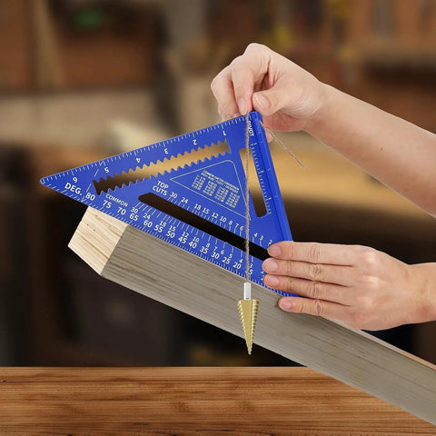 Pro Level Combination Square Set Featuring Heavy Duty Aluminum Zinc Construction With Dual Scale Layout Ruler For Badass Woodworking Shops And Precise Machining Layouts Daily, measuring angle on wooden beam.