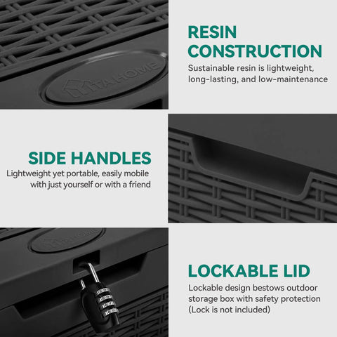 Close-up of black 32 Gallon Outdoor Storage Box With Lockable Lid And Side Handles, Waterproof Resin Rattan.