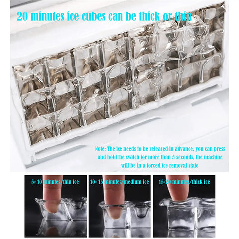 Quick Chill Countertop Nugget Ice Maker Portable Machine shows ice thickness options with ice cubes and probe finger.