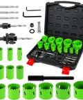 LifeIdeas 22-piece bi-metal hole saw kit in case; green hole saws with mandrels, hex keys, drill bits for metal, wood, PVC