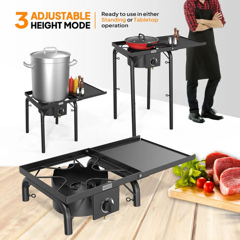 Single Burner Gas Stove With Side Shelf 100,000 BTU Portable Propane Stove for camping with adjustable height and removable legs