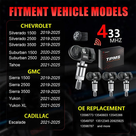 Chevrolet Silverado GMC Sierra 433MHz TPMS Sensor Pre Programmed Replacement For 2019 2025 in 4-pack with OE box