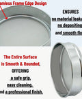 140 Mesh Stainless Steel Lab Sieve 8 Inch Sifter For Powder Pellet Flour Liquid Filtration, Leak Proof Mesh Strainer For Lab Equipment, showing seamless frame design and smooth edges.