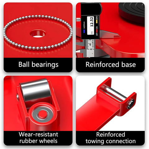Heavy Duty Steel Machine Skates With Pull Handle For Moving Industrial Gear Up To 15 Tons showing ball bearings, reinforced base, rubber wheels, and towing connection.