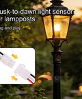 Dusk To Dawn Outdoor Light Sensor Switch 120V Weatherproof Photocell for lampposts, shown with plug and play installation.