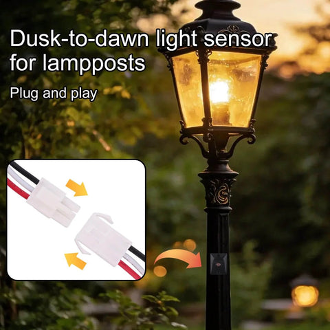 Dusk To Dawn Outdoor Light Sensor Switch 120V Weatherproof Photocell for lampposts, shown with plug and play installation.