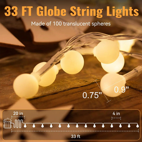 Close-up of Battery Operated Globe String Lights 33ft With 100 LED Globes Remote Control 8 Modes And Timer Warm White Indoor Outdoor
