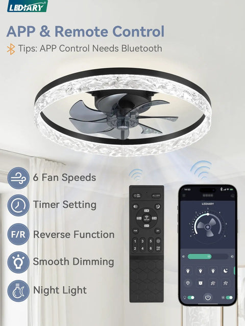 Slick 20 Inch Modern Ceiling Fan With Lights And Remote Dimmable Low Profile shown with remote and app control
