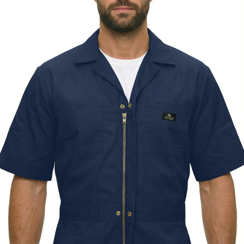 Essential Men's Short Sleeve Zip Up Coverall in Navy Blue, durable poly cotton blend, designed for heavy duty tasks.