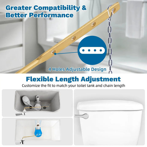 Universal Front Mount Toilet Handle Replacement in chrome finish with adjustable stainless steel flapper chains.