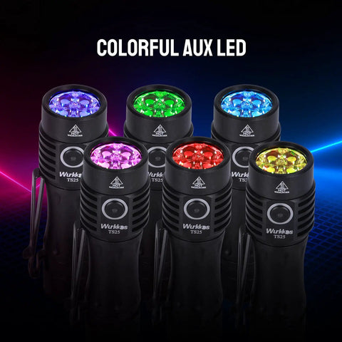 EDC Rechargeable Flashlight TS25 with colorful RGB aux lights, showcasing six units with varied LED colors on display.
