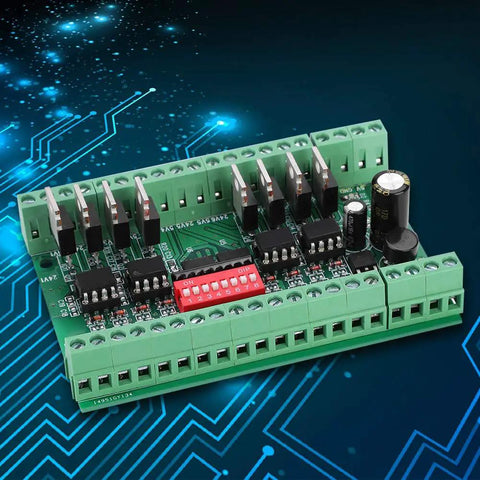 Close-up of Eight Channel Logic Level Converter Module No Fuss 5V To 24V And 24V To 5V With Optocoupler Isolation on circuit background.