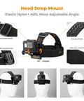 All In One Action Cam Mount Kit With Chest Strap Harness Backpack Clip 360 Degree Rotating Head Strap Mount And Wrist Strap for GoPro Hero Series DJI Osmo Action Insta360 X4 X3 Pocket 3 And 2 shown with head strap mount features.